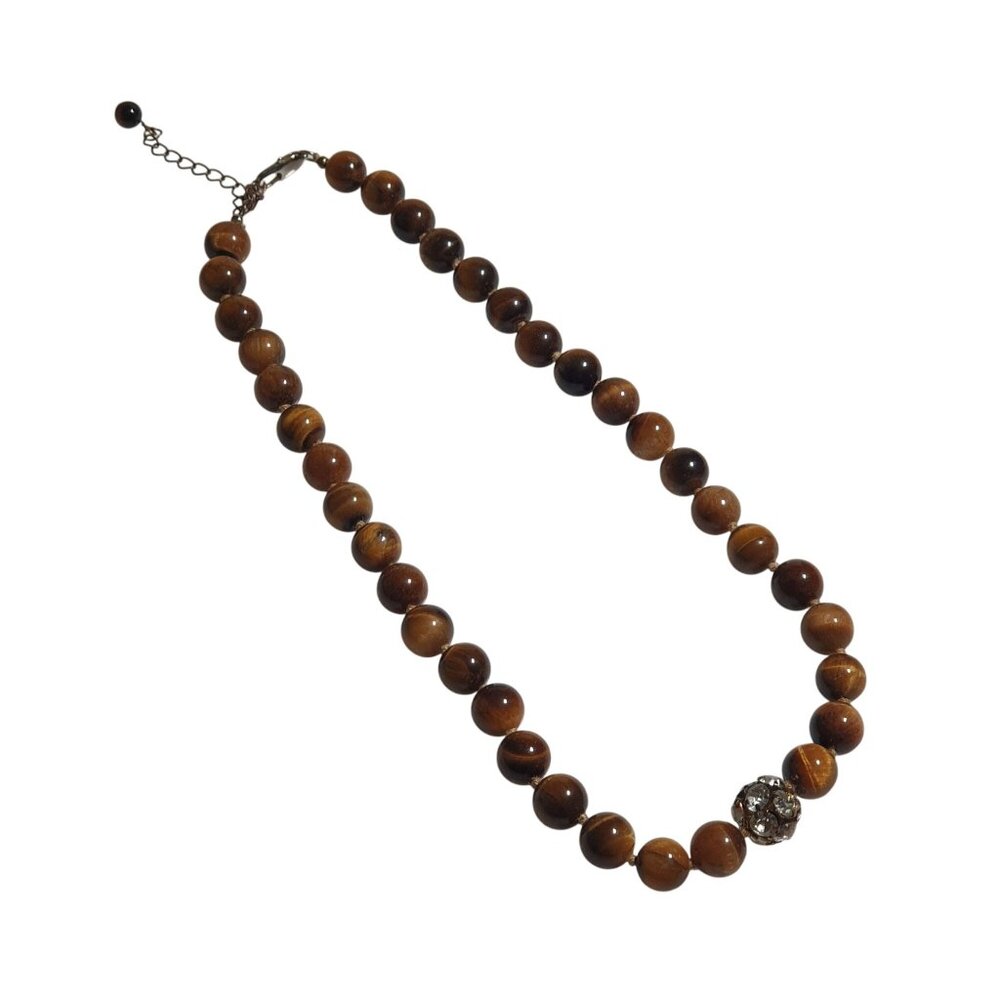 Tiger Eye Beaded Necklace Gold Clasp Rhinestone Accent Adjustable Chain Handmade